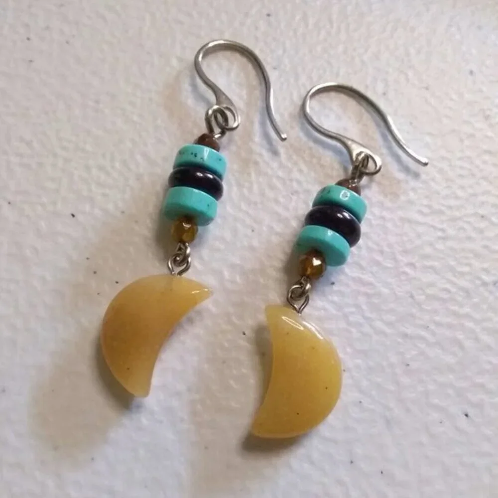 Southwestern & Boho Vibes! Long Moon Danglers! Aventurine Howlite + Agate Beads